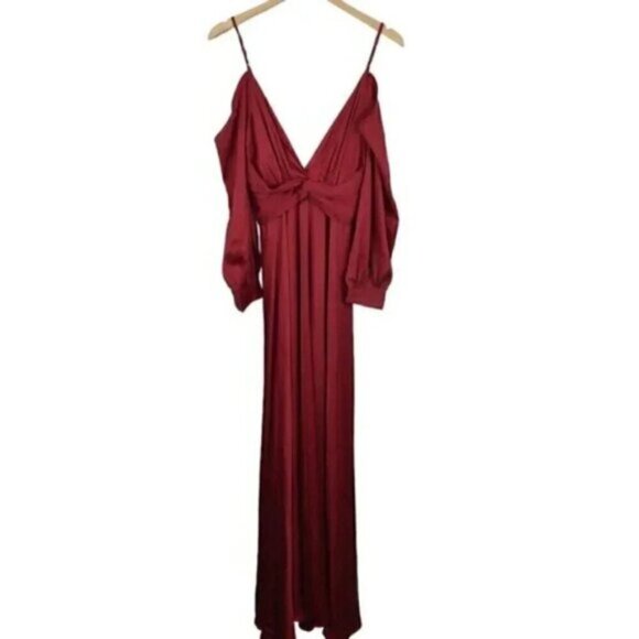 NWT Fashion Nova Mansion Dinner Party Satin  Gown Wine Burgundy Maxi Dress XS - Picture 5 of 11
